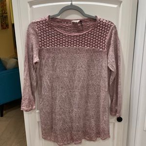 Akemi Kin Top Anthropologie Womens Linen size XS Pink Crochet Long Sleeve Blous